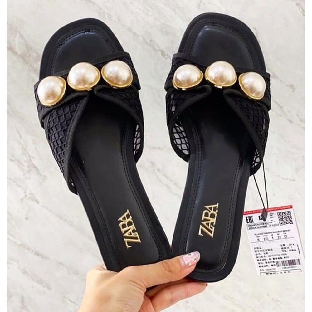 ZARA Pearl Embellished Mesh Slide Sandals NWT Black Resort Flats Size 7.5 - Picture 7 of 16